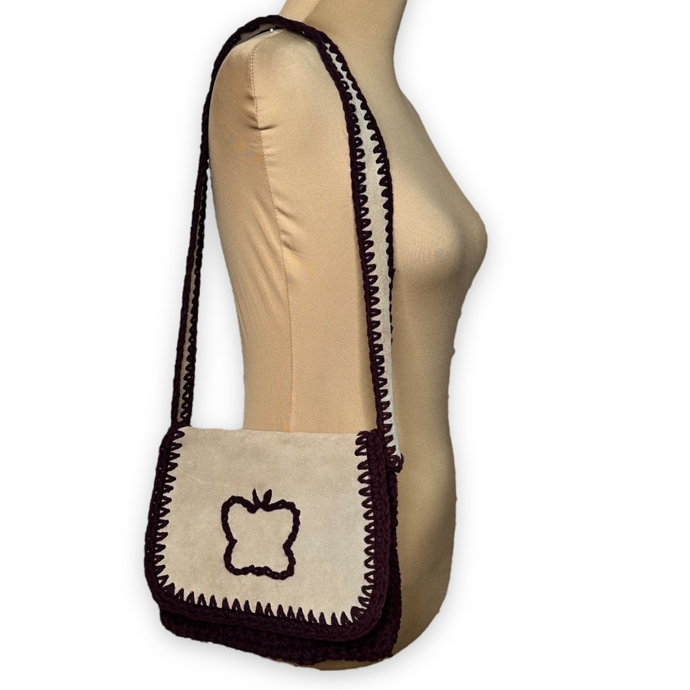 Vintage 70s Satchel Suede Wool Crochet Purple Tan Butterfly Shoulder Bag